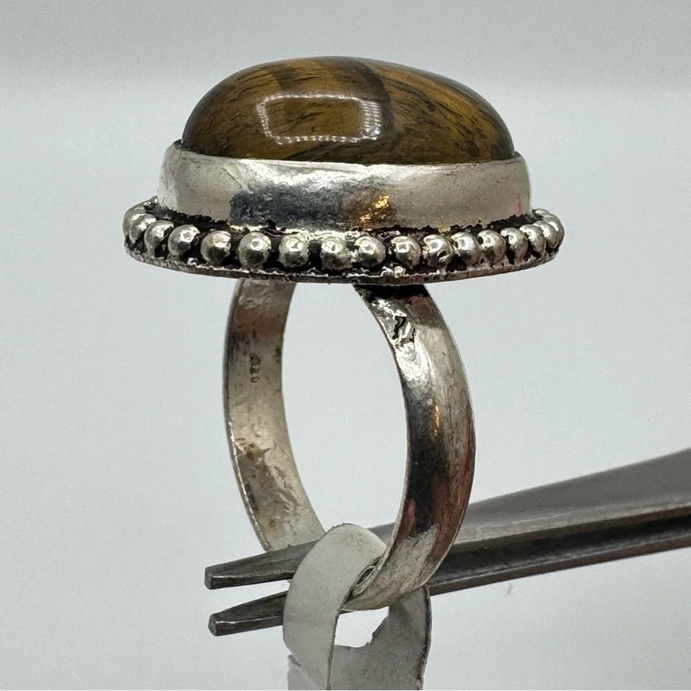 New Tiger’s Eye Cabochon Silver Tone Statement Ring Size 6